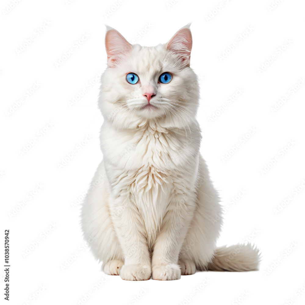 A white cat with blue eyes and a pink nose sits upright in the center of a white background, gazing directly at the camera with a calm demeanor