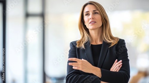 Executive woman leading a conference call, dressed in sharp business attire while managing her remote team.