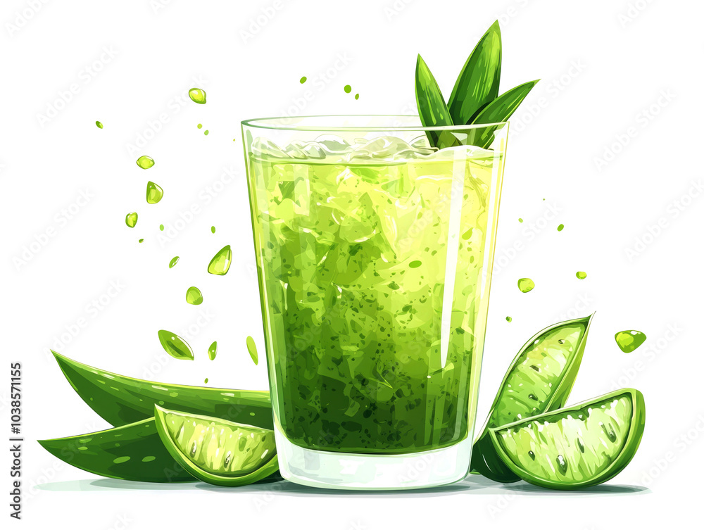 A refreshing glass of aloe vera juice with ice and aloe vera leaves. A refreshing glass of aloe vera juice with ice and aloe vera leaves.