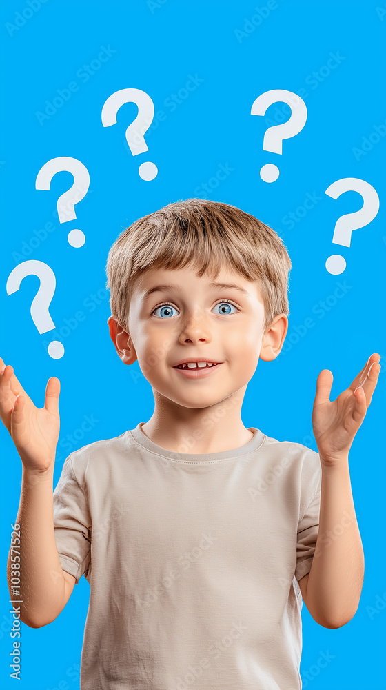 A boy with question marks floating around him on a blue backgroun A boy with question marks floating around him on a blue backgroun