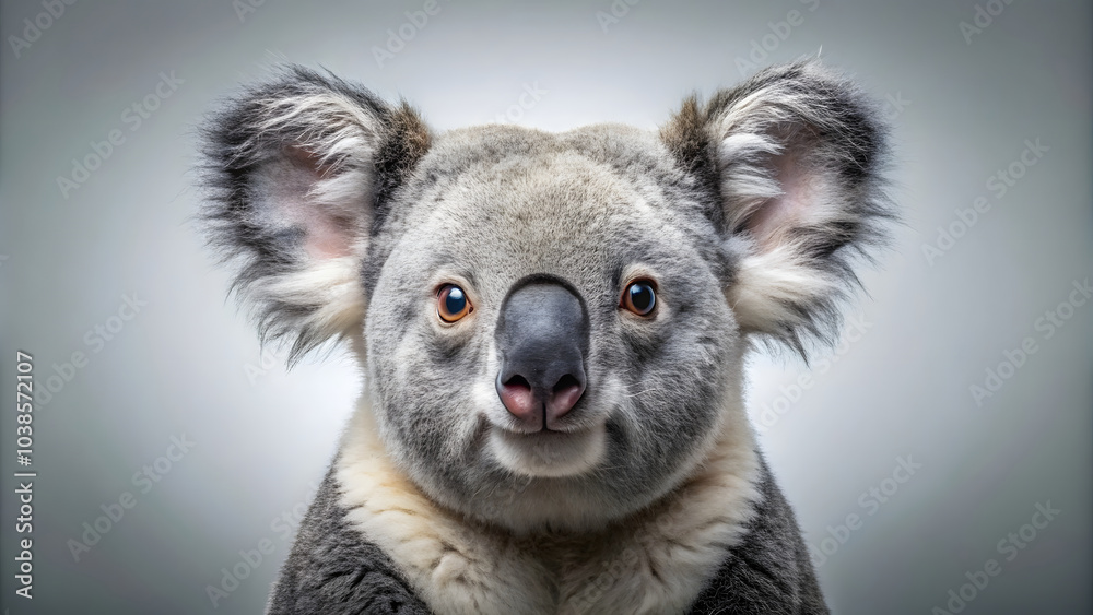 Isolated close-up portrait of a playful koala bear, a marsupial native to Australia Isolated close-up portrait of a playful koala bear, a marsupial native to Australia