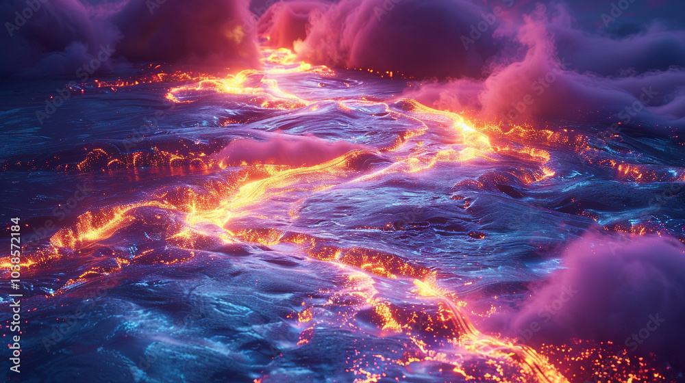 A river of glowing light flowing through a battlefield, its waters shimmering with radiant currents, illuminating the ground and reflecting vibrant energy. A river of glowing light flowing through a battlefield, its waters shimmering with radiant currents, illuminating the ground and reflecting vibrant energy.
