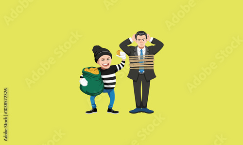 Thief holding coins while businessman is tied up.