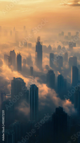 A cityscape at sunrise shows skyscrapers rising above thick, atmospheric fog. The golden light highlights the buildings, creating a serene, dreamlike effect with the mist weaving between structures.