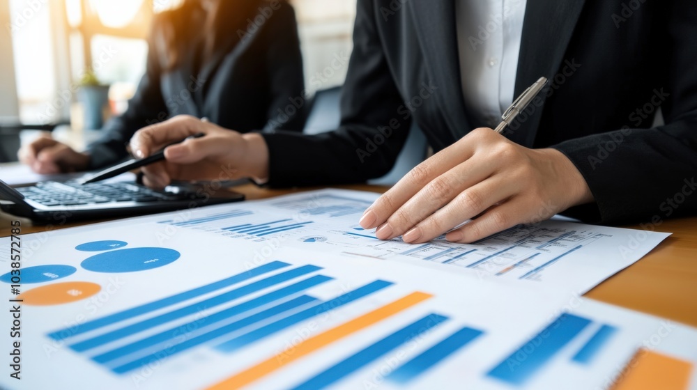 Female business consultant reviewing financial strategies with her client in a polished office setting. Female business consultant reviewing financial strategies with her client in a polished office setting.