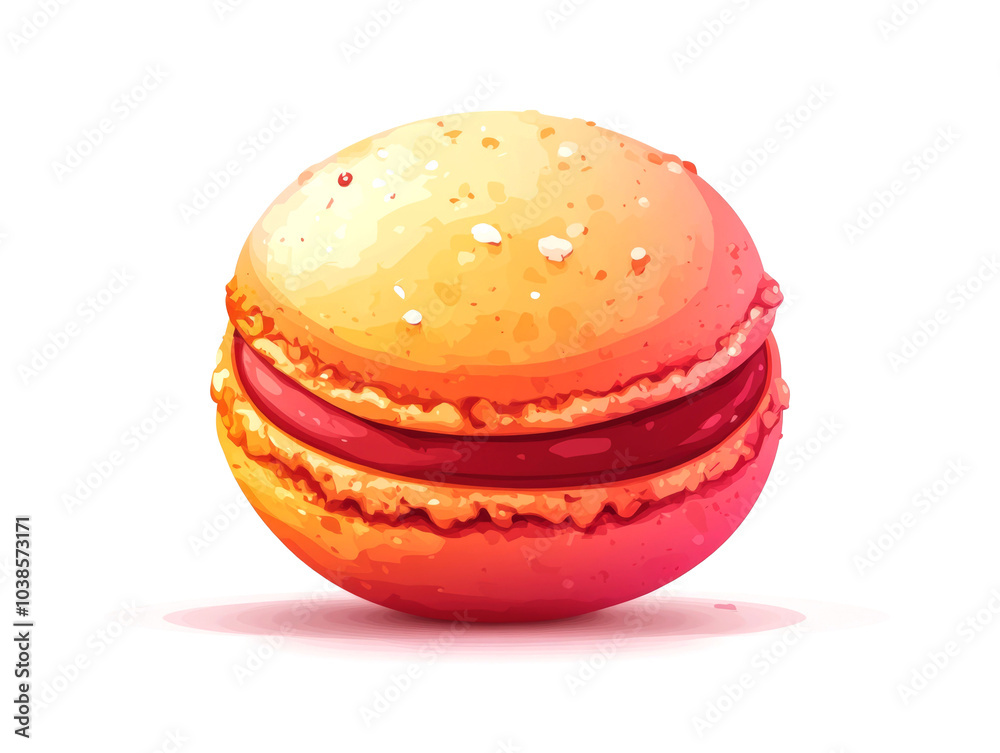 A single, round, pink and orange macaron with a red chocolate filling isolated on a white background. A single, round, pink and orange macaron with a red chocolate filling isolated on a white background.