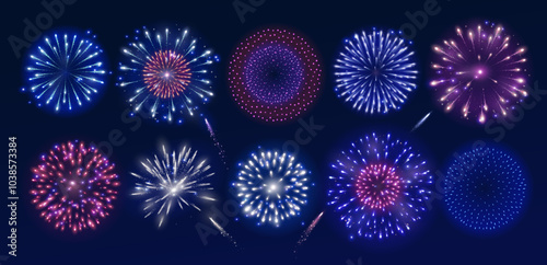 Shiny colorful fireworks explosions. Red, pink and blue firecrackers. Holiday decoration for Christmas and New year party. Festive background for birthday invitations, wedding, diwali banners. Vector.
