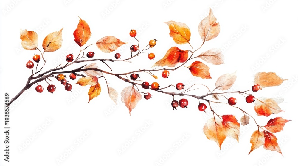 Watercolor painting of an autumn set with dry leaves, a delicate branch, and vibrant berries, isolated for easy use. Ideal for creating elegant designs and seasonal decor. Watercolor painting of an autumn set with dry leaves, a delicate branch, and vibrant berries, isolated for easy use. Ideal for creating elegant designs and seasonal decor.