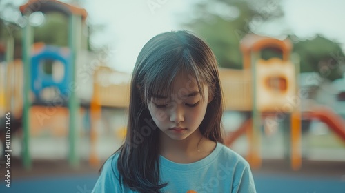 Stock minimalist photograph of a sad young Asian girl standing alone in an empty playground, looking down at the ground, with softly blurred equipment in the background