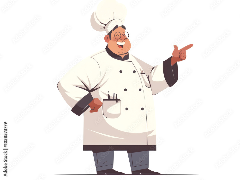 A smiling chef with a white toque and glasses is pointing to the right. A smiling chef with a white toque and glasses is pointing to the right.