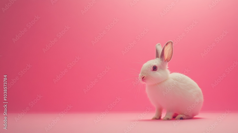 Stock minimalist photography of a white rabbit standing on a plain pink backdrop with bright studio lighting to emphasize the clean and fresh aesthetic
