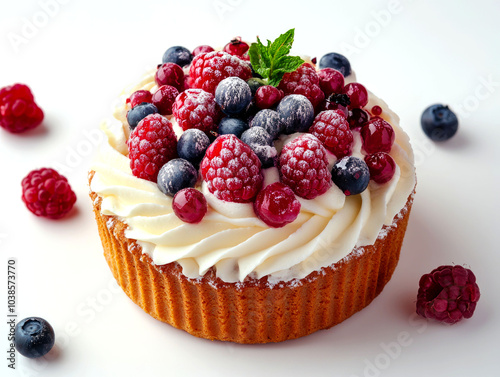 A small cake with whipped cream and fresh berries on a white background.