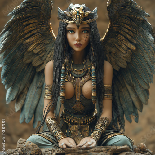 Goddess of the Desert:  A mesmerizing portrait of a statuesque woman, adorned in ancient Egyptian-inspired regalia, with majestic teal wings. photo