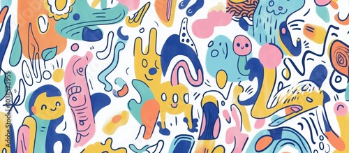 Hand-drawn, colorful doodles of joyful scenes and playful characters on a white background