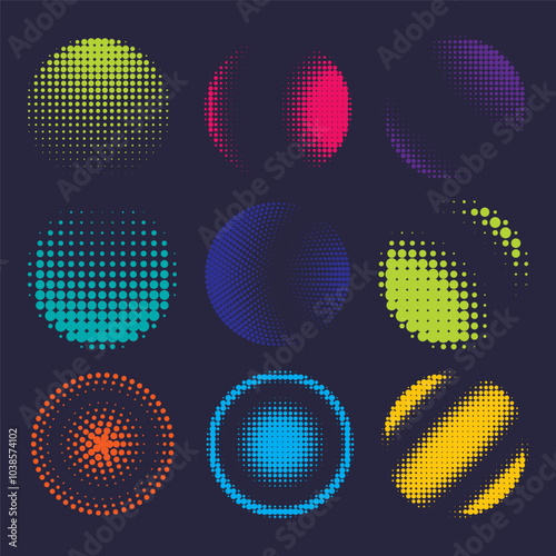 Colorful geometric patterns featuring circular designs arranged in a grid on a dark background