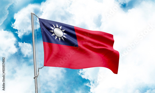 Taiwan flag waving on sky background. 3D Rendering