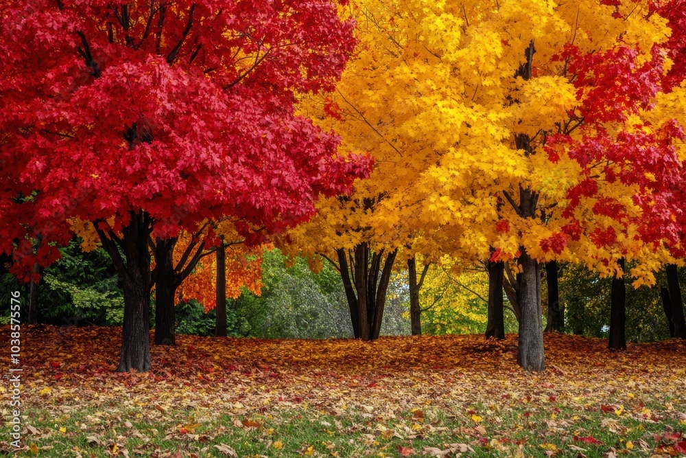 Naklejka premium Maple trees in autumn: a vibrant display of foliage and color