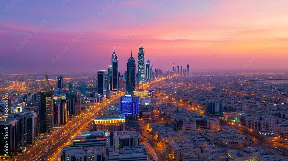 Obraz premium Aerial View of Cityscape at Sunset