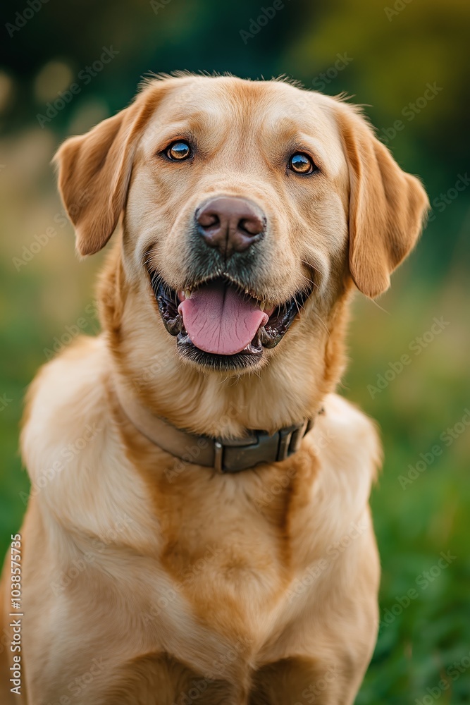 A golden retriever with a joyful face stands outdoors, radiating warmth and contentment. A golden retriever with a joyful face stands outdoors, radiating warmth and contentment.