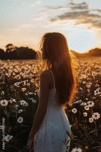 A woman in a white dress stands in a field of daisies at sunset, capturing a moment of natural beauty and calm.