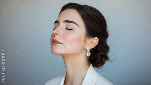 A graceful woman showcases chic earrings, radiating beauty and serenity. This elegant portrait highlights modern fashion and sophisticated style.