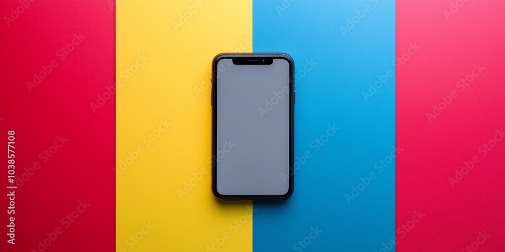 A smartphone sits on red, yellow, and blue backdrop, symbolizing modern tech and vibrant creativity. A smartphone sits on red, yellow, and blue backdrop, symbolizing modern tech and vibrant creativity.