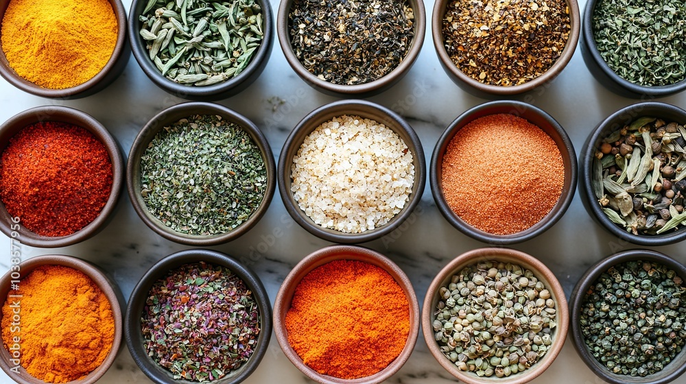 Small bowls filled with colorful spices Small bowls filled with colorful spices