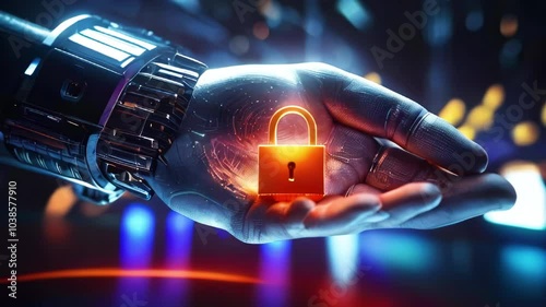 Robotic hand holds glowing lock closeup. Demonstration of artificial intelligences concern for privacy and personal data protection in virtual world.