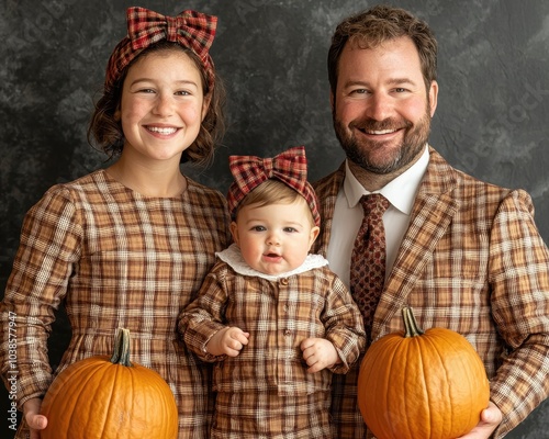 Family in matching outfits with pumpkins.