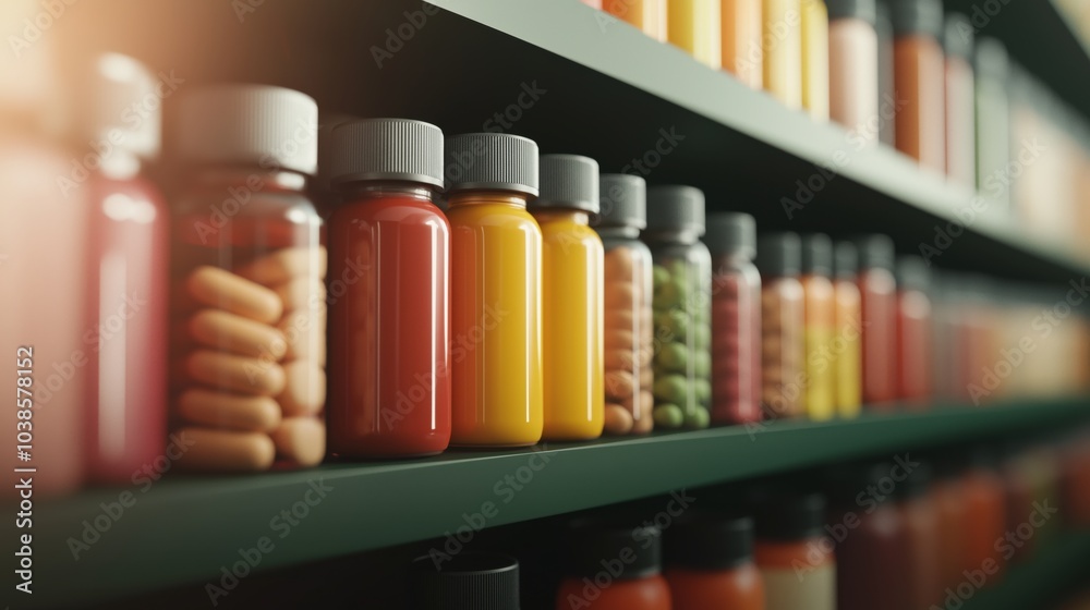 Pharmacy shelves stocked with vitamins and supplements for health and wellness Pharmacy shelves stocked with vitamins and supplements for health and wellness