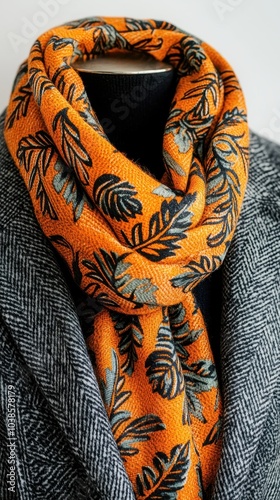 Stylish orange scarf with leaf pattern photo