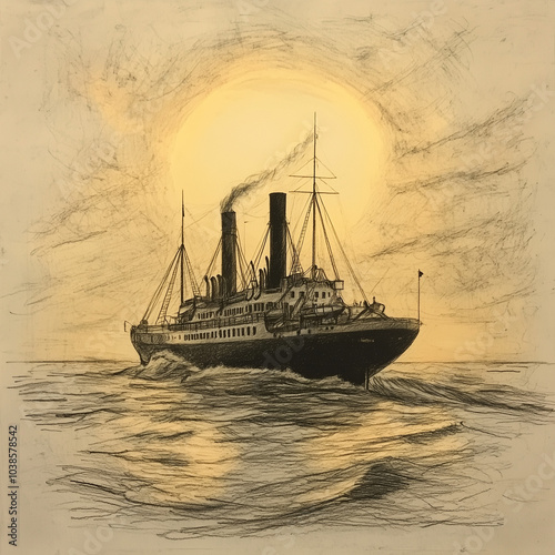 A delicate pencil sketch of a steamship sailing at sunset, with the sun low on the horizon