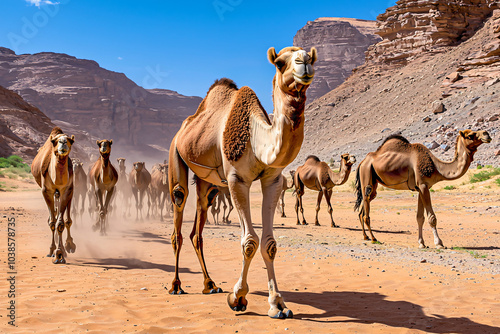 curious camels approaching camera, Wadi Rum rock formations photo