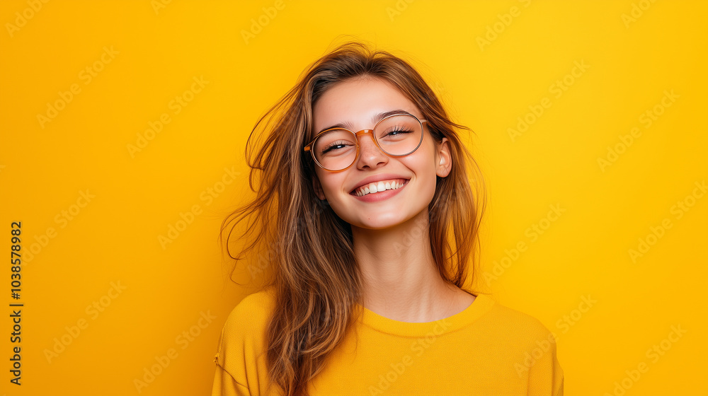 Young smiling girl with glasses on yellow background Young smiling girl with glasses on yellow background