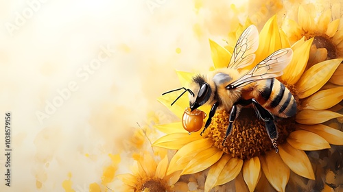 A bee collects pollen from a sunflower, with a soft yellow background.