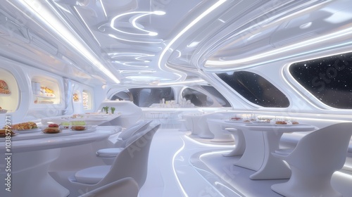 Futuristic Spaceship Dining Area with Colorful Food Displays and Cosmic Views - Ultra-Detailed Sci-Fi Ray Tracing Illustration photo