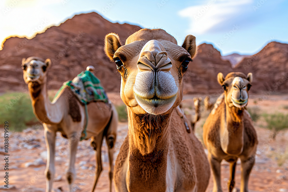 Obraz premium curious camels approaching camera, Wadi Rum rock formations