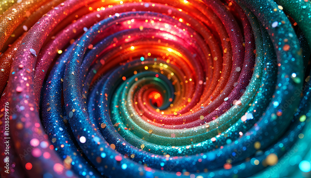 Colorful spiral of glittering particles creating a mesmerizing abstract background Colorful spiral of glittering particles creating a mesmerizing abstract background