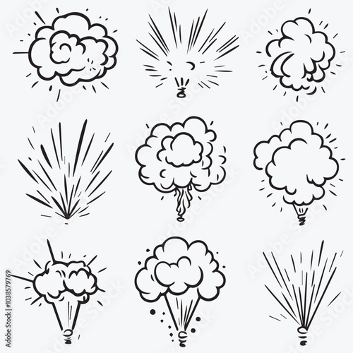 Outline Icons set of cute Booms Explosion