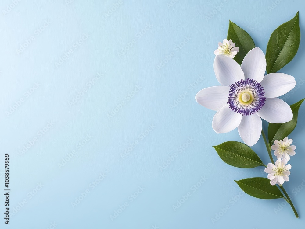 Fototapeta premium Beautiful white flower with leaves on a soft blue background, perfect for nature-themed designs.