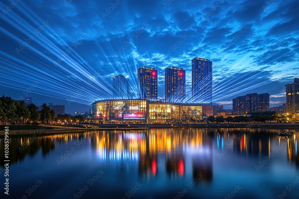 Fototapeta premium At night, the bright lights of a light show outside an industrial park in a Chinese city with a blue sky