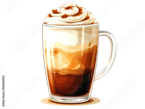 Iced coffee in a glass mug with whipped cream and cinnamon on top.