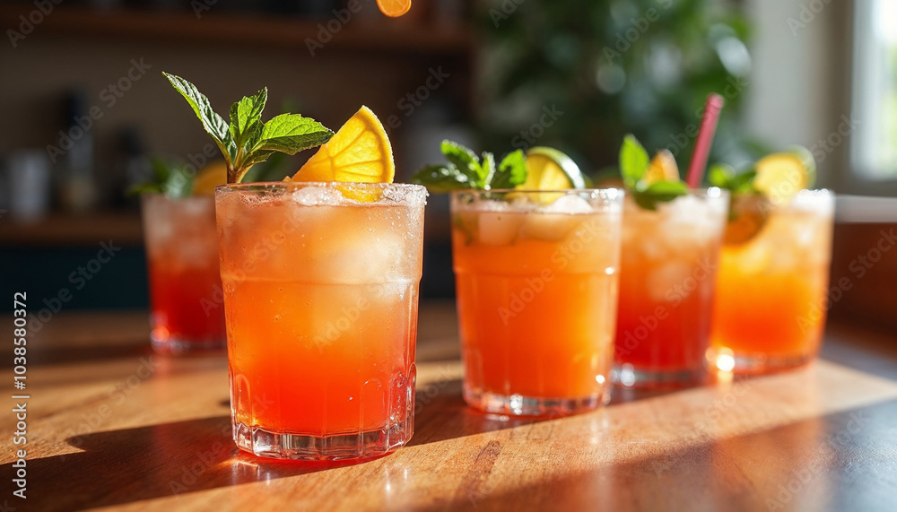 Fototapeta premium Three glasses of orange cocktail garnished with orange slices and mint leaves on a wooden surface