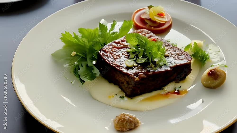 luxurious 4K video fine dining dish elegantly presented rotating plate filmed chef’s artistry attention detail highend restaurant luxurious 4K video fine dining dish elegantly presented rotating plate filmed chef’s artistry attention detail highend restaurant