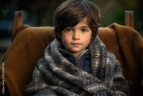 Little boy wrapped in a warm blanket sitting in an armchair.