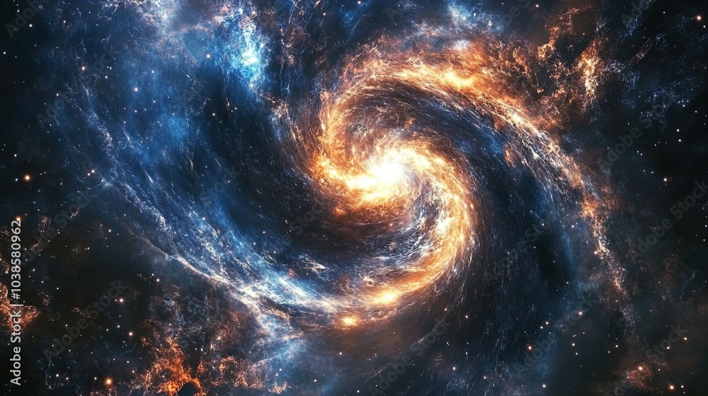 Fototapeta premium A stunningly detailed and vibrant depiction of a spiral galaxy in deep space. The core of the galaxy glows with intense brightness, emitting brilliant shades of yellow and orange. Spiraling arms of ga