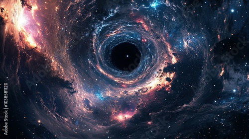 A visually striking depiction of a black hole in outer space shows a dark, circular void at the center, surrounded by swirling, colorful cosmic gases and dust. The event horizon of the black hole is p