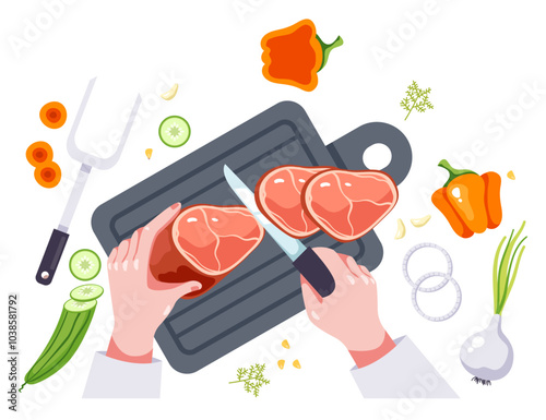 Chef character cooking preparing chopping food on table top view. Hand holding knife and cutting chopping vegetables and meat with slice concept. Vector graphic design illustration