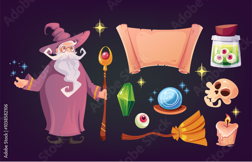Magic wizard fairy laboratory tools concept. Vector design element cartoon illustration