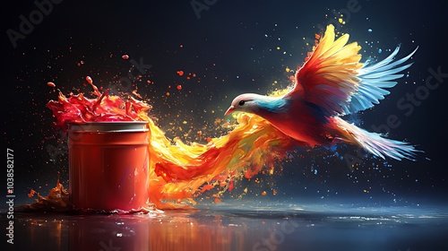 A colorful bird emerges from a paint can, its wings formed by splashes of vibrant paint, creating a dynamic and abstract scene.